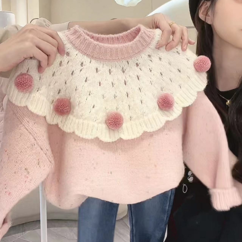 甜美常规春秋冬女童翻领小球球