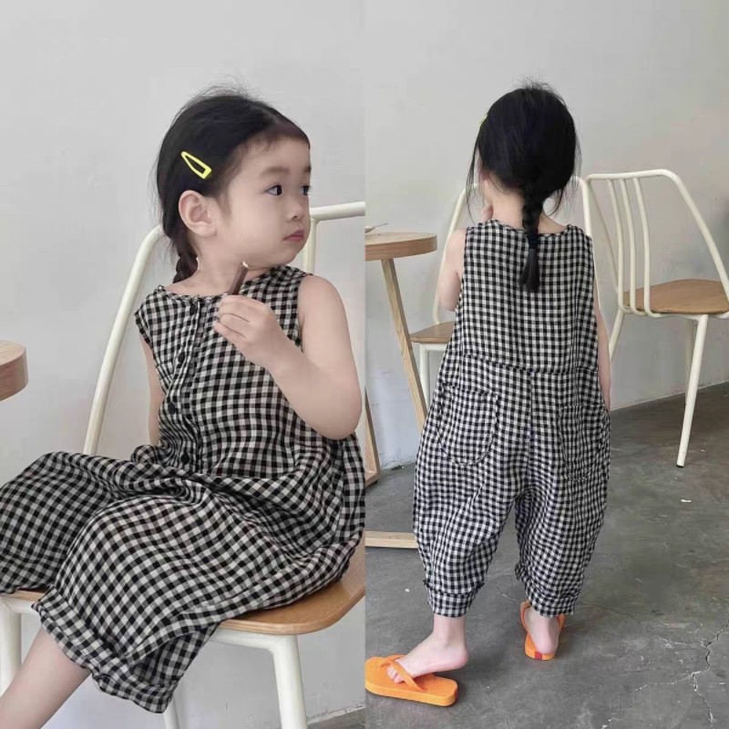 2026夏季新款女童连服衣女宝宝格子连体裤无袖宽松洋气韩版连身裤