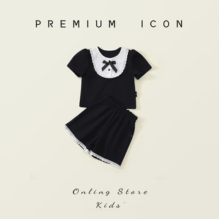 女童小香风套装2025夏季中小童黑色蕾丝短袖T恤上衣短裤子两件套