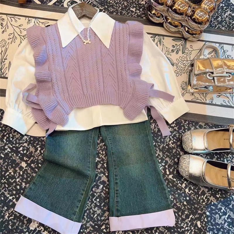 2025春秋新款韩版女童针织毛衣马甲衬衫牛仔裤三件套宝宝气质套装