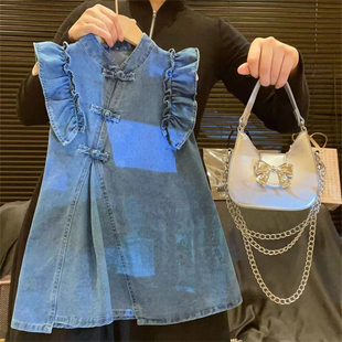 2025夏季 木耳边背心裙女宝宝汉服盘扣牛仔裙 新款 洋气国风女童飞袖