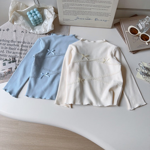 T恤花边领百搭上衣 洋气宝宝时髦蝴蝶结长袖 女童秋冬打底衫 25新款