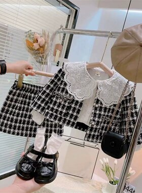 洋气千鸟格编织外套半身裙两件套