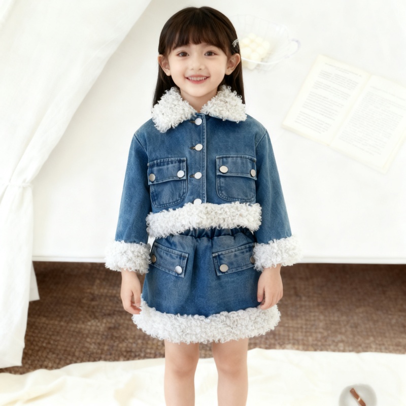 女童冬季牛仔套装2025新款洋气毛毛边加绒加厚牛仔外套短裙两件套
