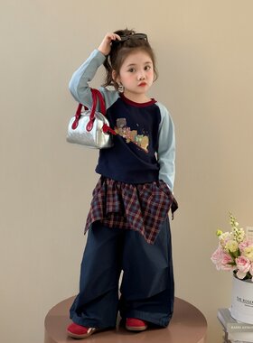女童韩版卡通插肩袖T恤套装