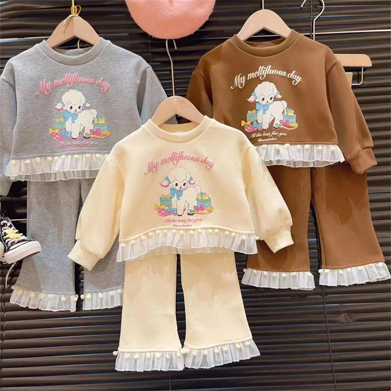 女童套装春秋季新款蕾丝拼接上衣卡通长袖甜美花边喇叭裤两件套潮,童装/婴儿装/亲子装,套装,淘宝优惠券,粉丝福利购,淘宝优惠卷