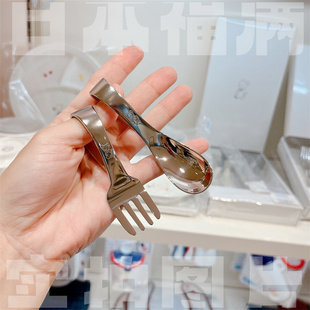 日本制Familiar不锈钢弯柄勺宝宝辅食训练餐具叉现货儿童抓握方便