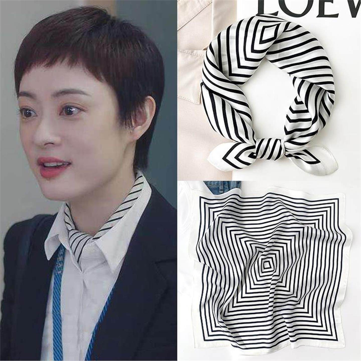 黑白条纹杭州丝绸真丝丝巾系脖配衬衫100%桑蚕丝巾小方巾送妈妈款