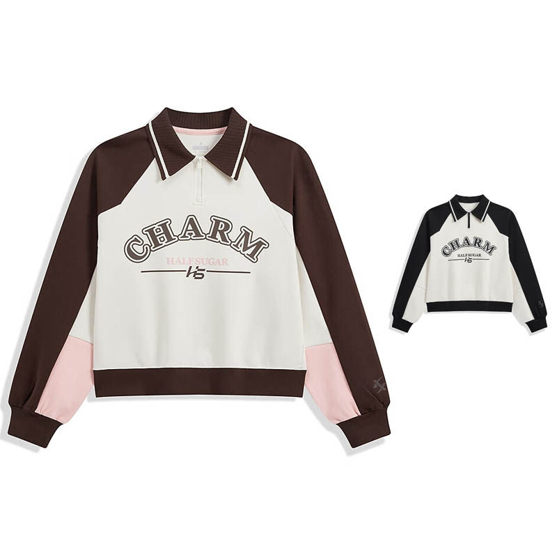 特步运动翻领卫衣女2024春新款学院风清新套头卫衣976128 920572