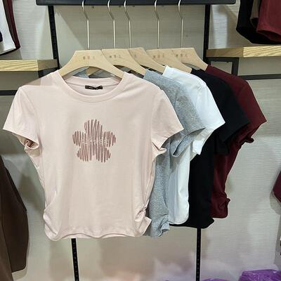 雅可25801夏季女花朵圆领抽褶T恤衫修身显瘦百搭冰棉短袖上衣背心