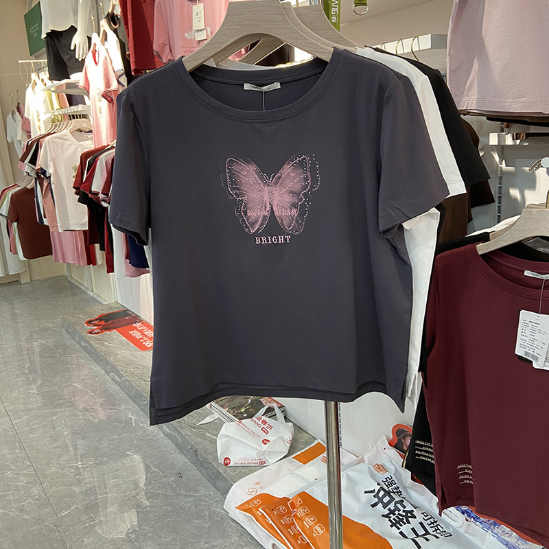 雅可25609夏季新女士莫代尔棉蝴蝶短袖刺绣圆领显瘦宽松上衣背心