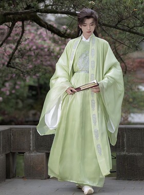 原创【青云】唐制汉服绣花圆领袍绿色男女款春夏古风仙气飘逸套装