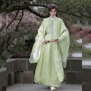 春夏古风仙气飘逸套装 唐制汉服绣花圆领袍绿色男女款 青云 原创
