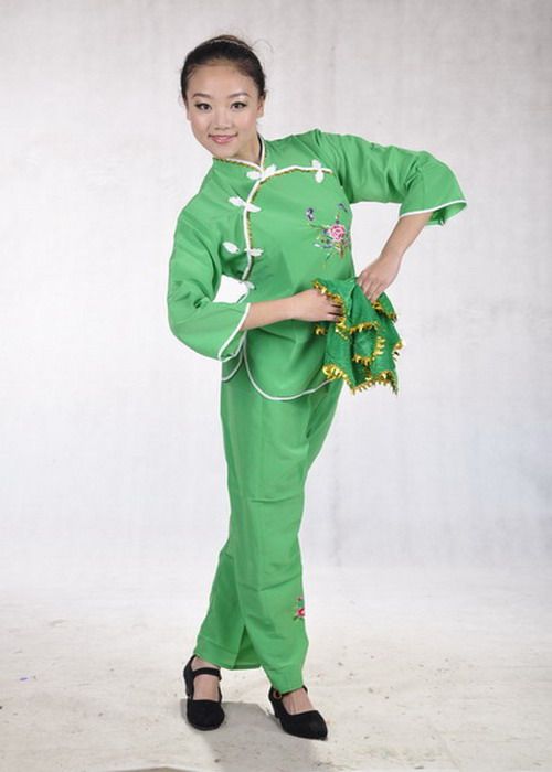 云南民族舞蹈演出服装/全扣白边秧歌服/花灯腰鼓舞台/扇子舞绿色3