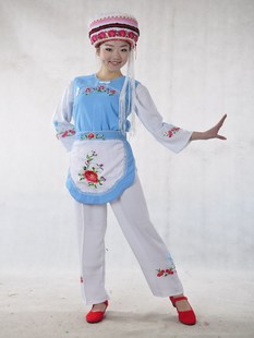 云南少数民族白族女式服装/葫芦丝舞台演出服饰/舞蹈表演女装兰色