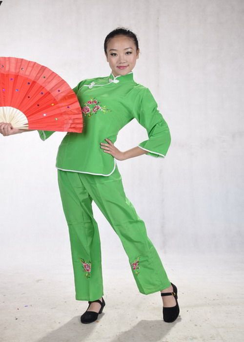 云南民族舞蹈演出服装/半扣白边秧歌服/花灯腰鼓舞台/扇子舞绿色2