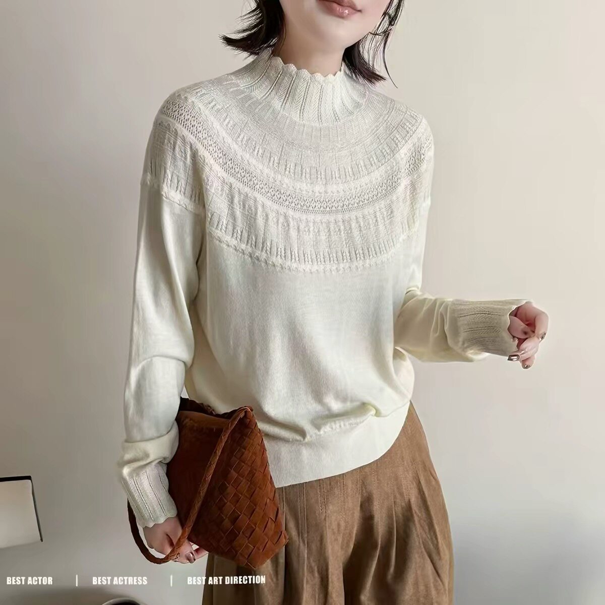 秋冬新款设计师半高领镂空提花羊毛衫女花边长袖宽松套头打底上衣