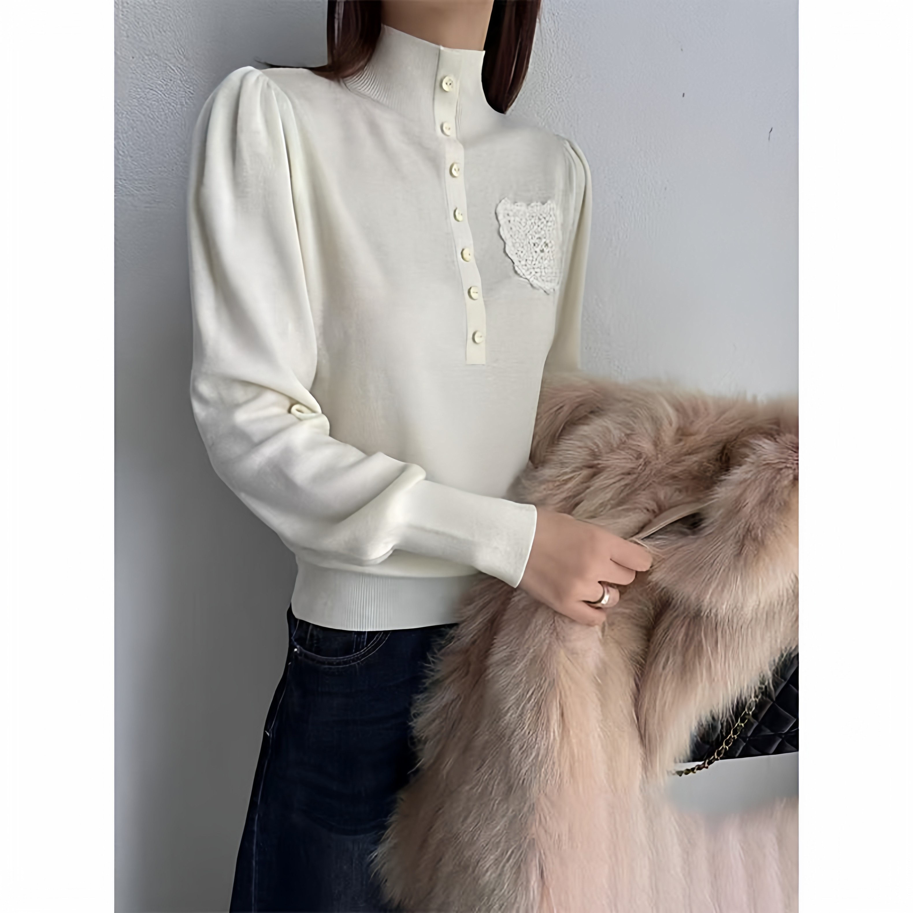 高级感勾花口袋灯笼袖羊毛针织衫冬季气质显瘦纽扣立领打底毛衣女,女装/女士精品,毛针织衫,淘宝优惠券,粉丝福利购,淘宝优惠卷