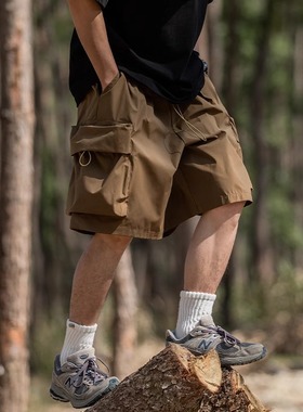 SAMBO 大口袋宽松工装短裤男装夏季休闲松紧绳运动机能日系五分裤
