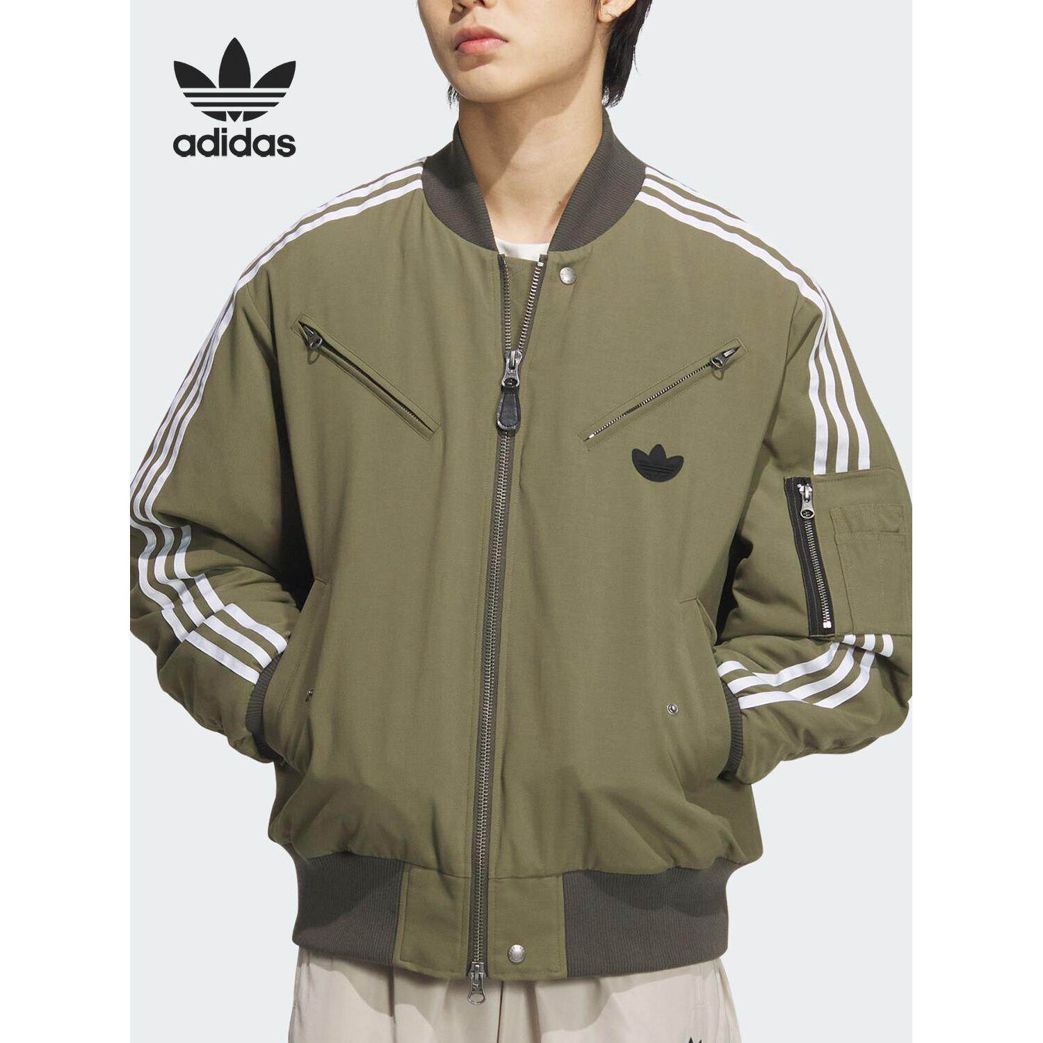 Adidas阿迪达斯正品男保暖宽松户外三叶草军绿色拉链棉服JD3744