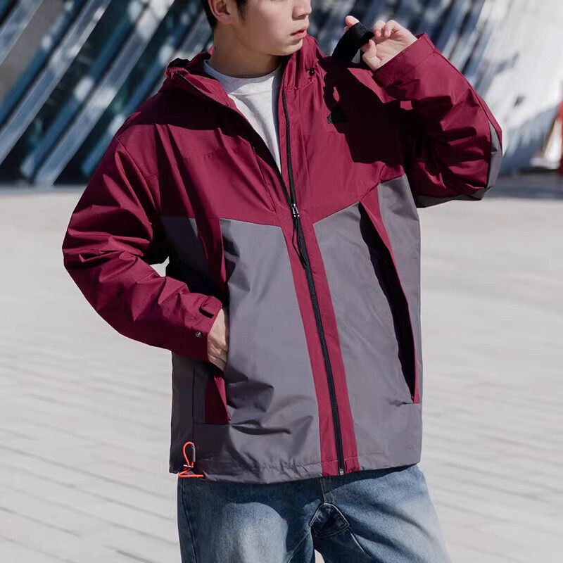 阿迪达斯中长款连帽外套男秋季新款运动服红色拼接夹克防风防泼水