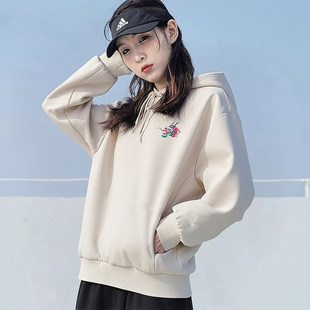 阿迪达斯卫衣女秋季新款宽松运动服套头外套粉色休闲针织连帽衫