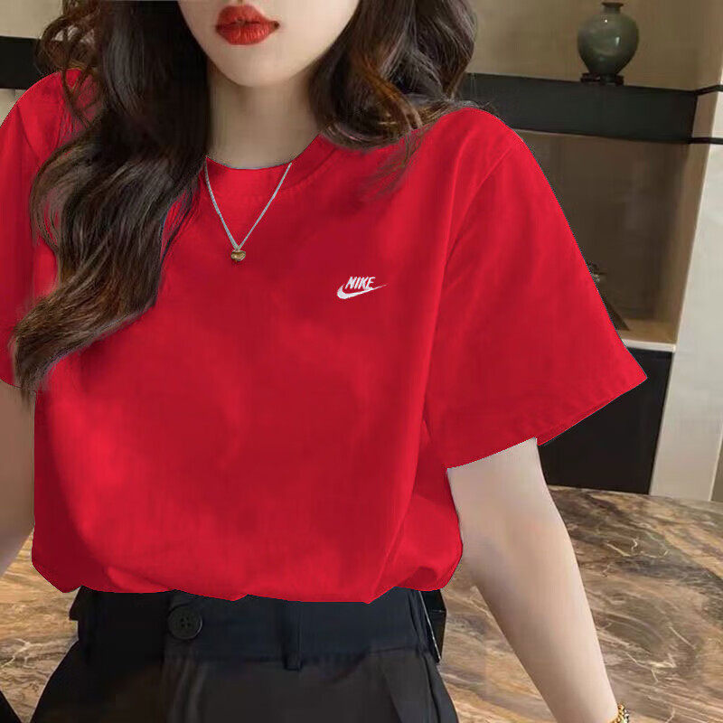 Nike耐克短袖T恤衫女夏新款情侣装运动红色纯棉透气宽松休闲上衣