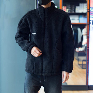 阿迪达斯羊羔绒外套男秋季新款美式宽松运动加厚立领棒球服IQ1366