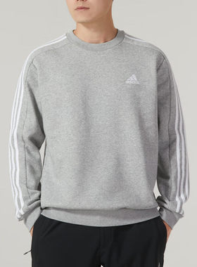 阿迪达斯卫衣男装秋季新款宽松三条纹运动服休闲灰色套头衫IJ6470