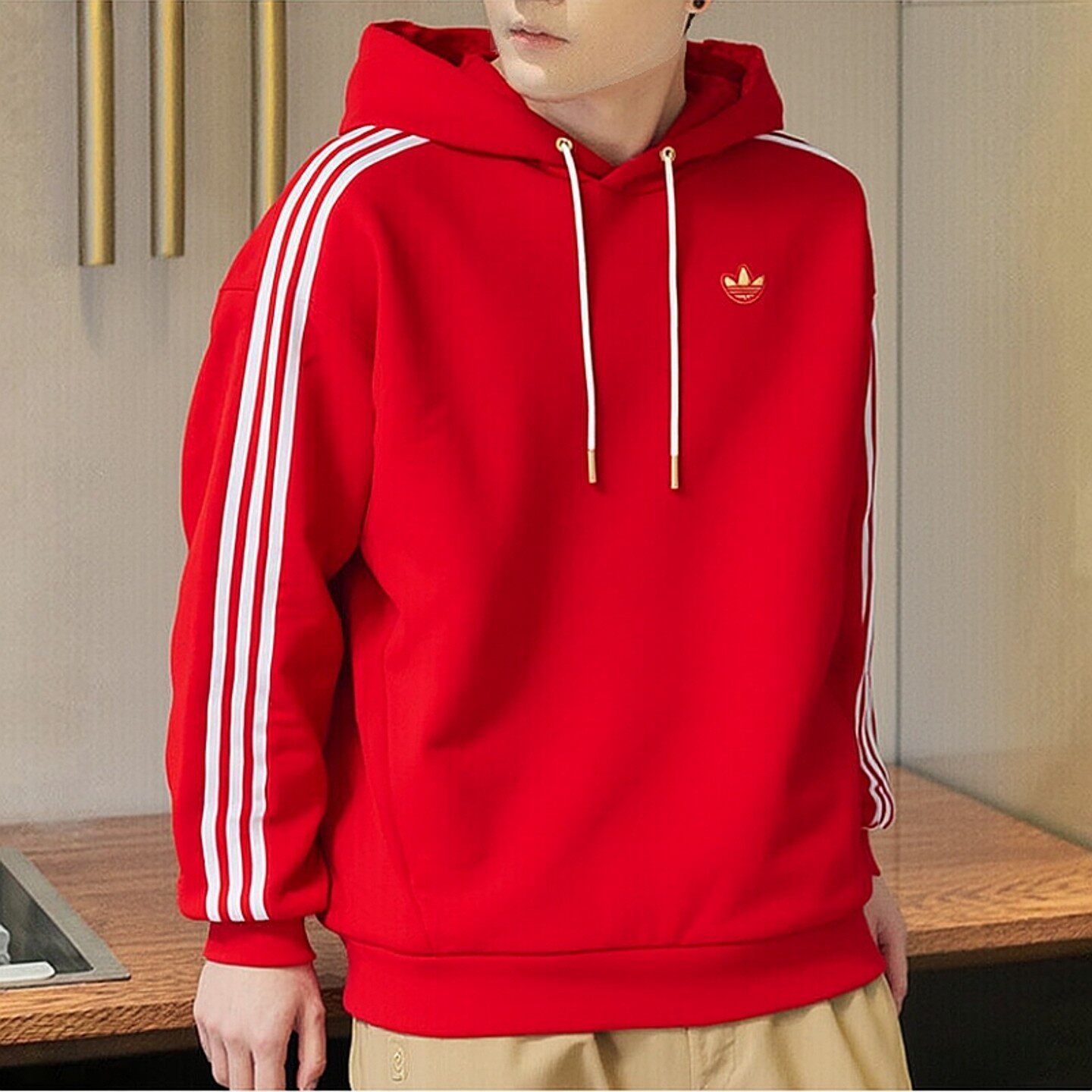 阿迪达斯三叶草红色卫衣男冬季新款新年套头棉宽松篮球运动服上衣