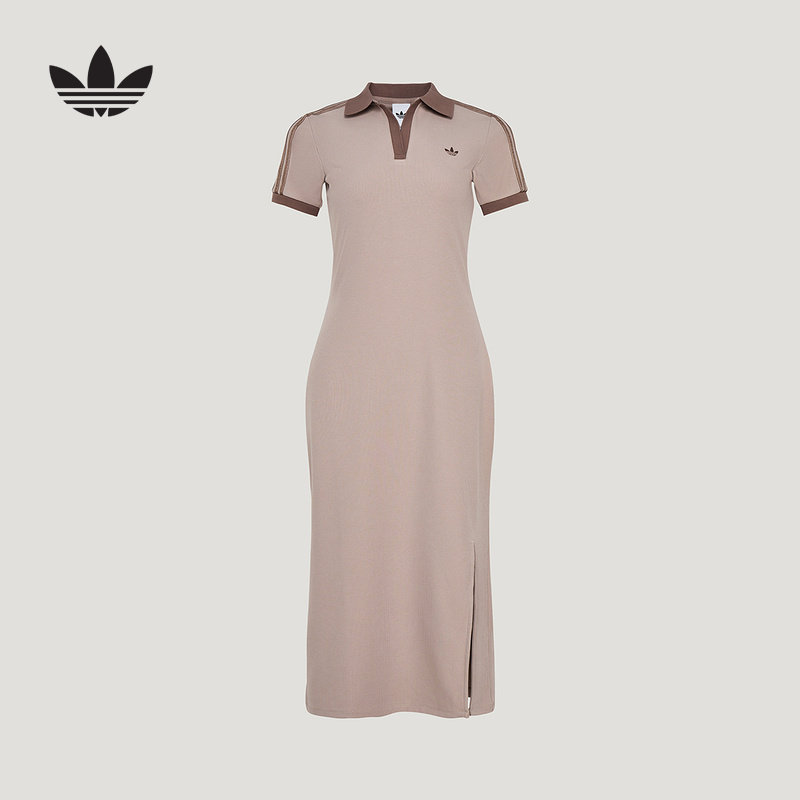 adidas阿迪达斯三叶草休闲运动Polo连衣裙2026夏女开叉长裙KY5699