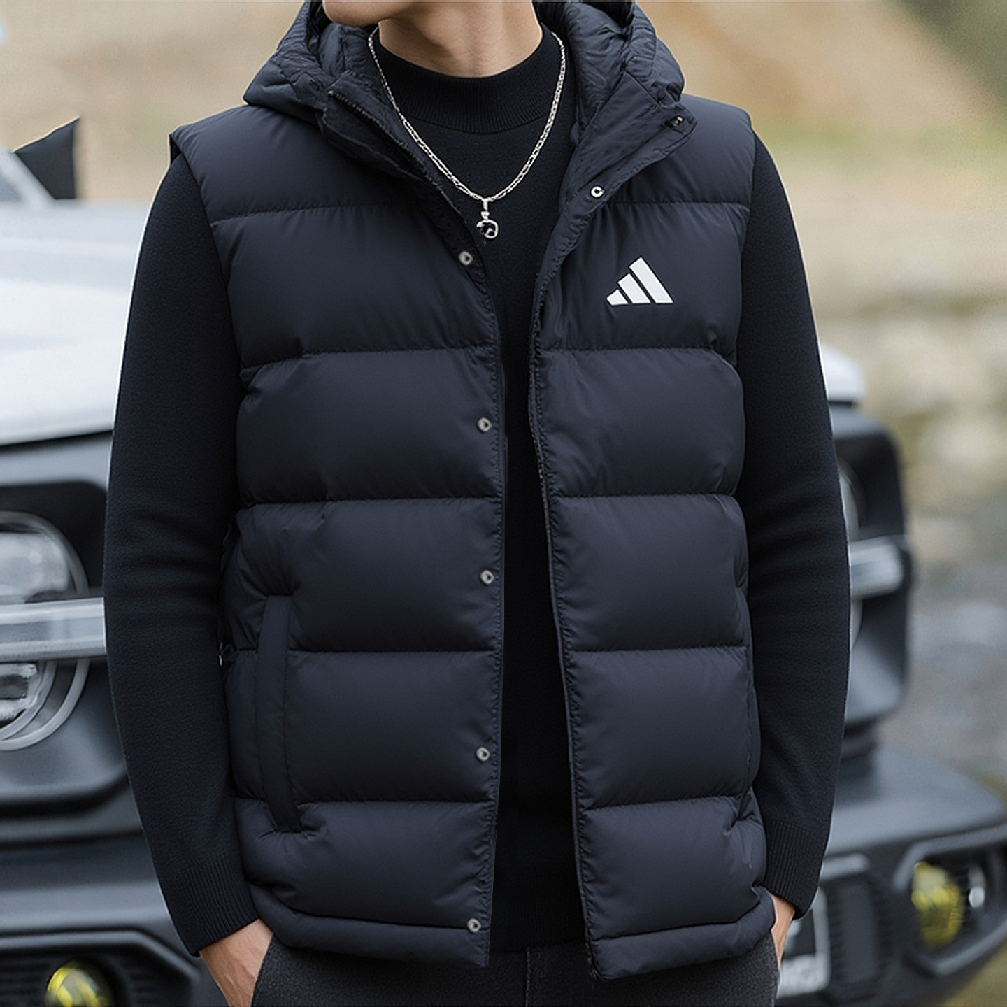 阿迪达斯羽绒背心男冬季新款保暖连帽鸭绒面包服男士户外保暖马甲