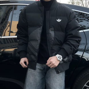 阿迪达斯加厚棒球服男冬季新款美式宽松大码夹克保暖面包羽绒服