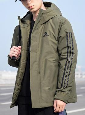 阿迪达斯棉服男冬季新款保暖中长款棉袄大衣绿色运动外套男IP2535