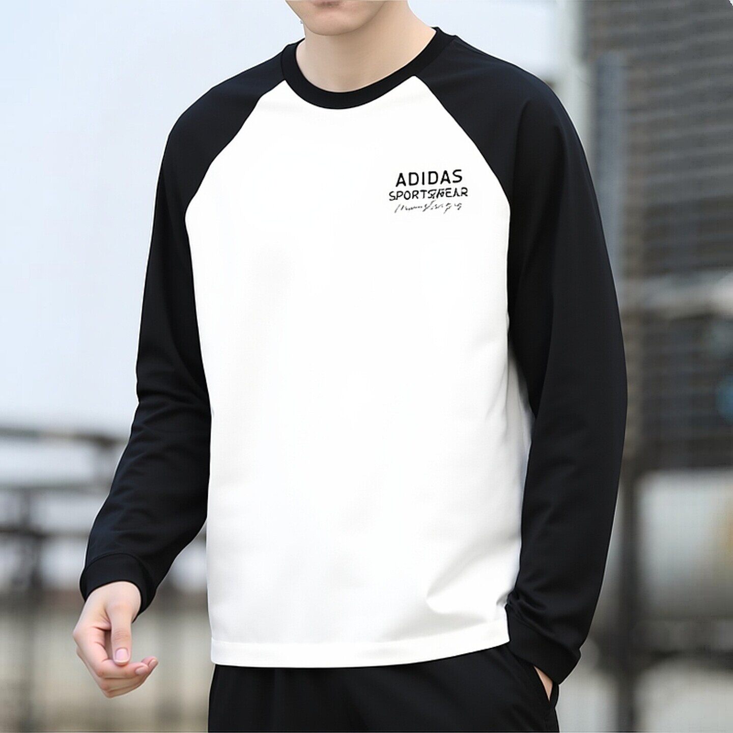 Adidas黑白拼接撞色长袖T