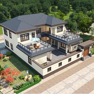 钢结构新中式四合院别墅砖混建筑农村宅基地二层半三层多层自建房