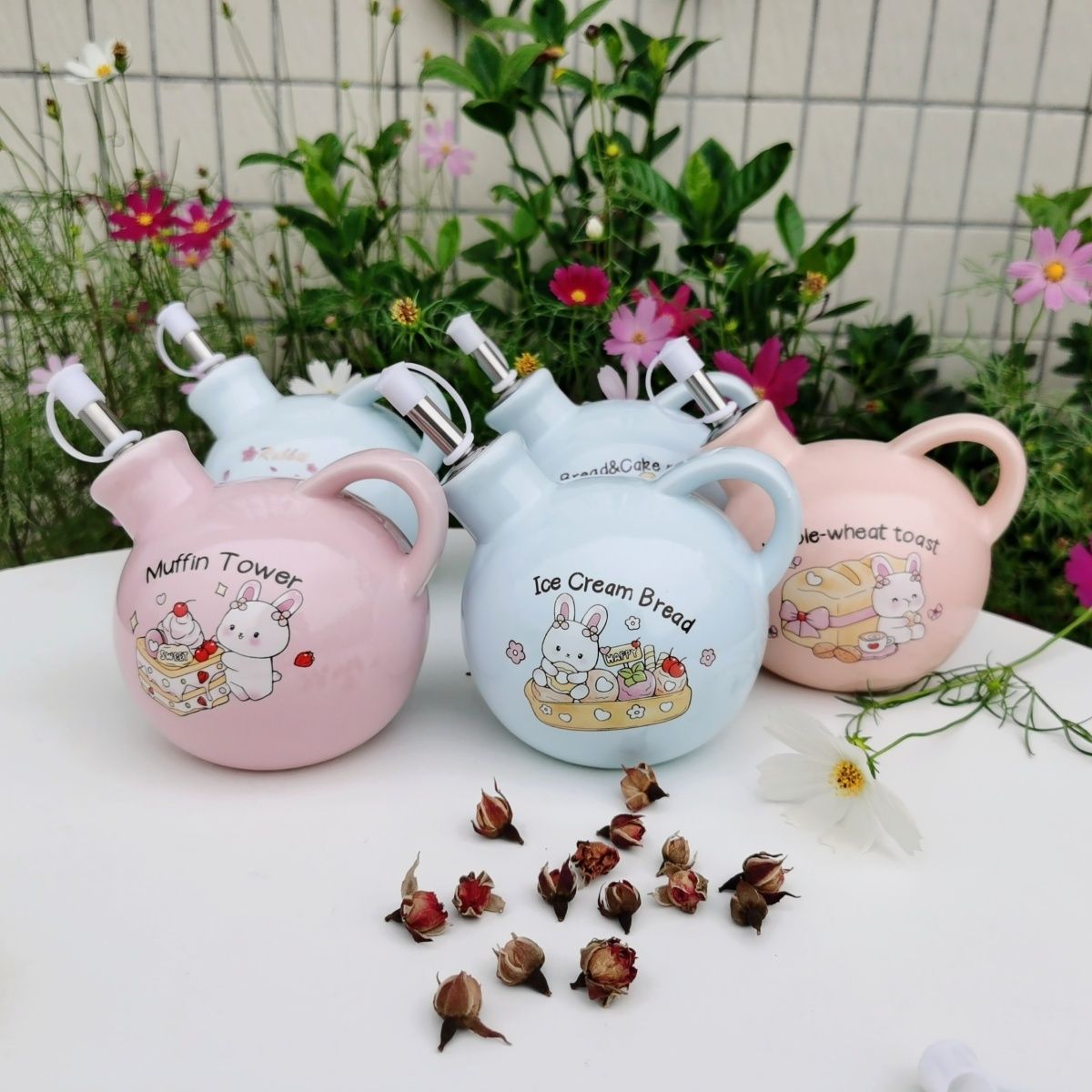 出口韩国小兔子陶瓷油壶醋壶香油瓶便携调味瓶300毫升可爱酱油瓶