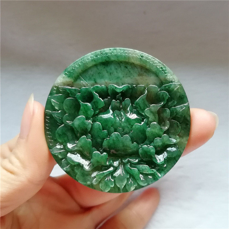 收藏南阳独山玉牡丹花吊坠老坑独玉圆牌天然玉器花鸟挂件翡翠送证