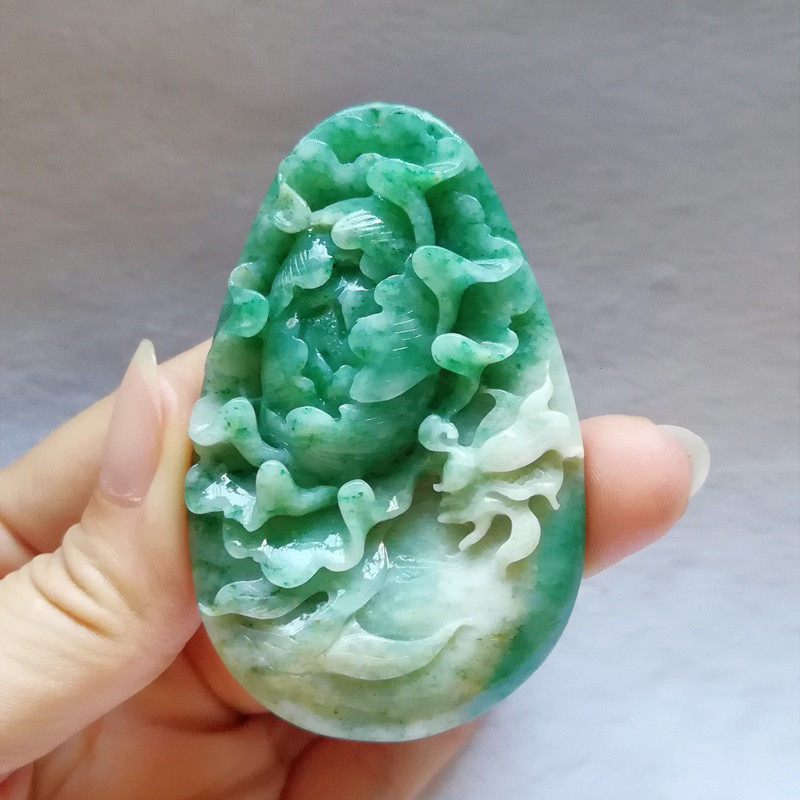 收藏南阳独玉独山玉花开富贵吊坠牡丹花玉石蝴蝶吊坠天蓝挂件蝶恋