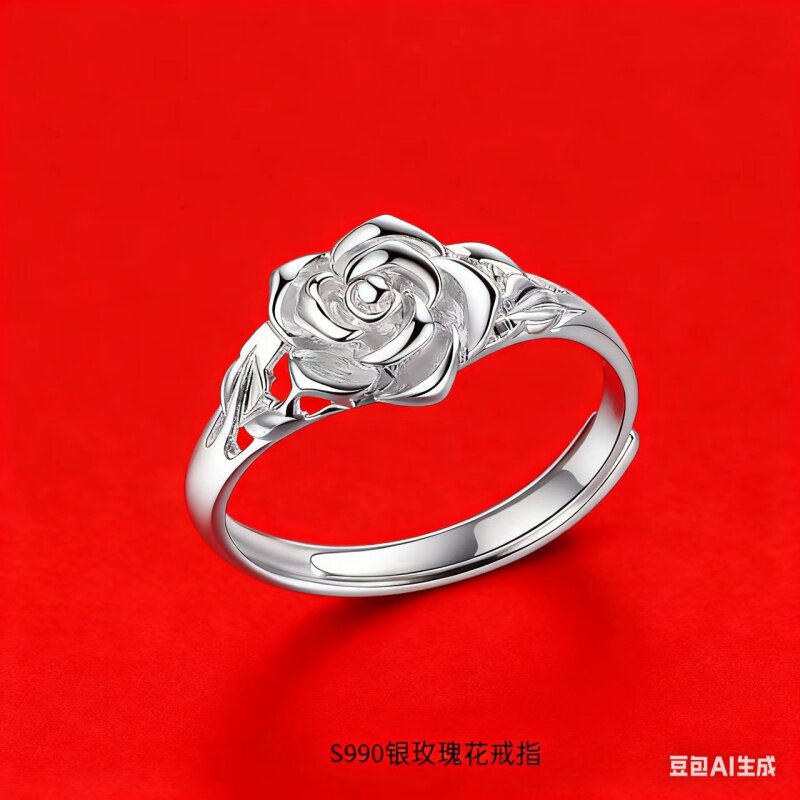 纯银玫瑰花戒指女花渡开口