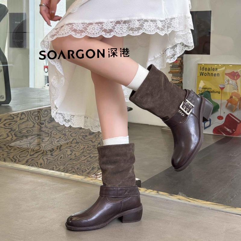 深港专柜2026冬季新品圆头休闲拼接时尚女士短靴子L1120X62187