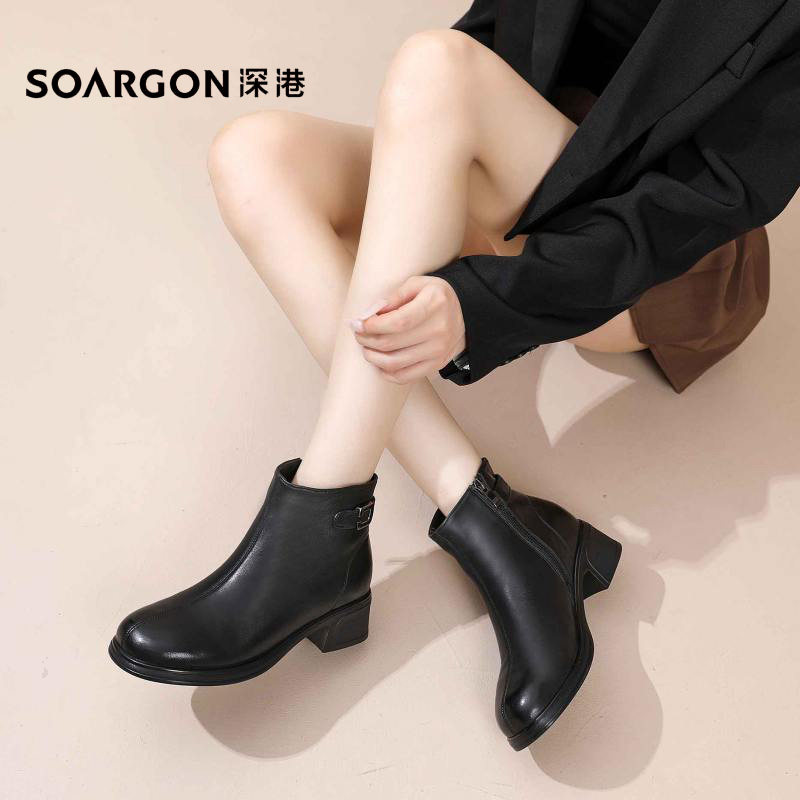 深港专柜2025冬季新品休闲粗高跟圆头黑色女士短靴子W1738X89817