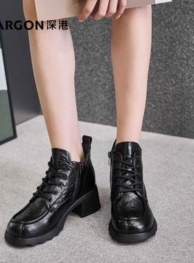 深港专柜2024冬季新粗高跟系带深口黑色休闲女短靴子H1690X89351
