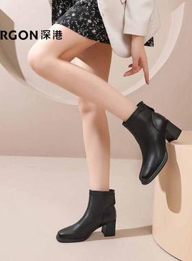 深港专柜2025冬季方头百搭深口粗高跟黑色女士短靴子W1700X89732