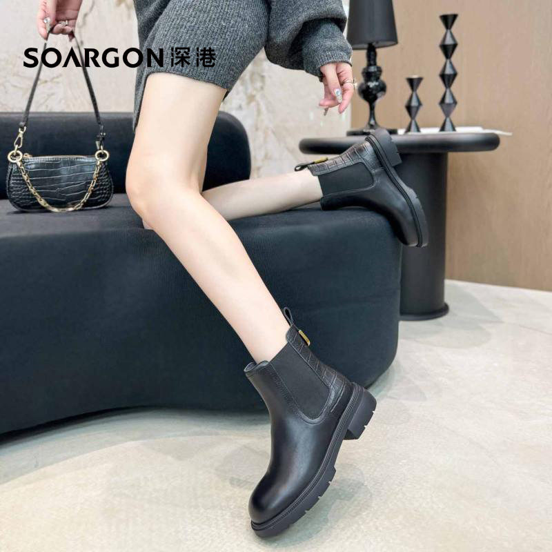 深港专柜2025冬季新品韩版圆头粗高跟女士烟管短靴子H1678X89316