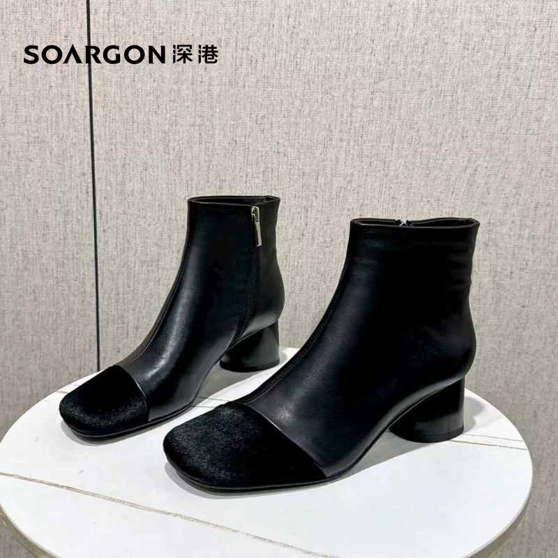 深港专柜2025冬季新品时尚粗高跟黑色舒适百搭女短靴子W588X89718