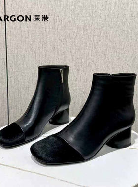 深港专柜2025冬季新品时尚粗高跟黑色舒适百搭女短靴子W588X89718