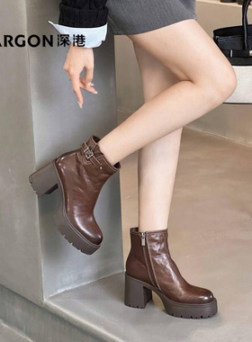 深港专柜2024冬季新品粗高跟圆头黑色舒适休闲短靴子H1216X89383