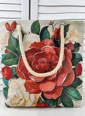 3D双面刺绣手提包民族风洋气单肩花色3D立体蝴蝶托特包大包带拉链