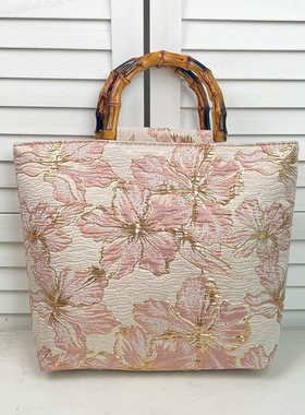 小众油画提花竹节大容量莫奈花园双面托特新款手提包单肩包竹节包